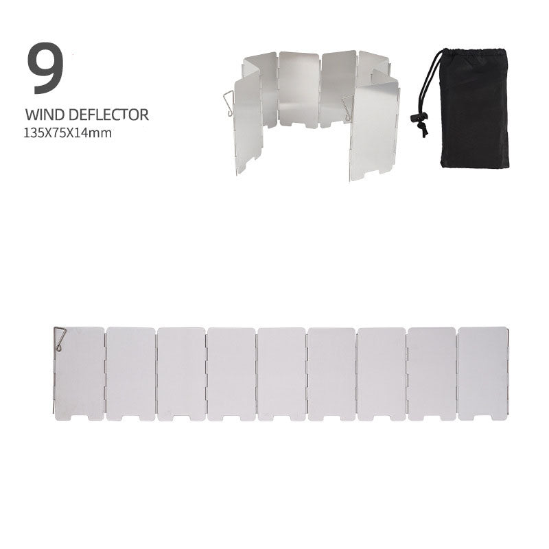 Portable outdoor aluminum alloy windshield and stove head set with nine folding panels for camping and picnic cooking.