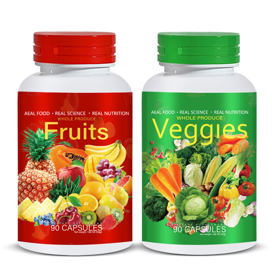 Eprolo Fruits and Vegetables capsules bottle with colorful capsules displayed next to fresh produce on a white background.
