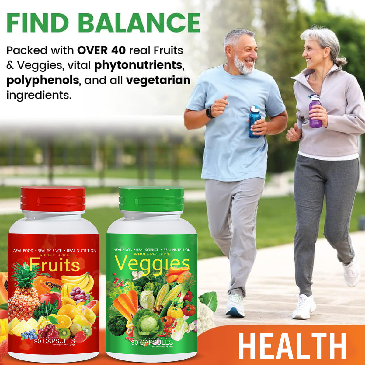 Eprolo Fruits and Vegetables capsules bottle with colorful capsules inside, dietary supplement for healthy nutrition.