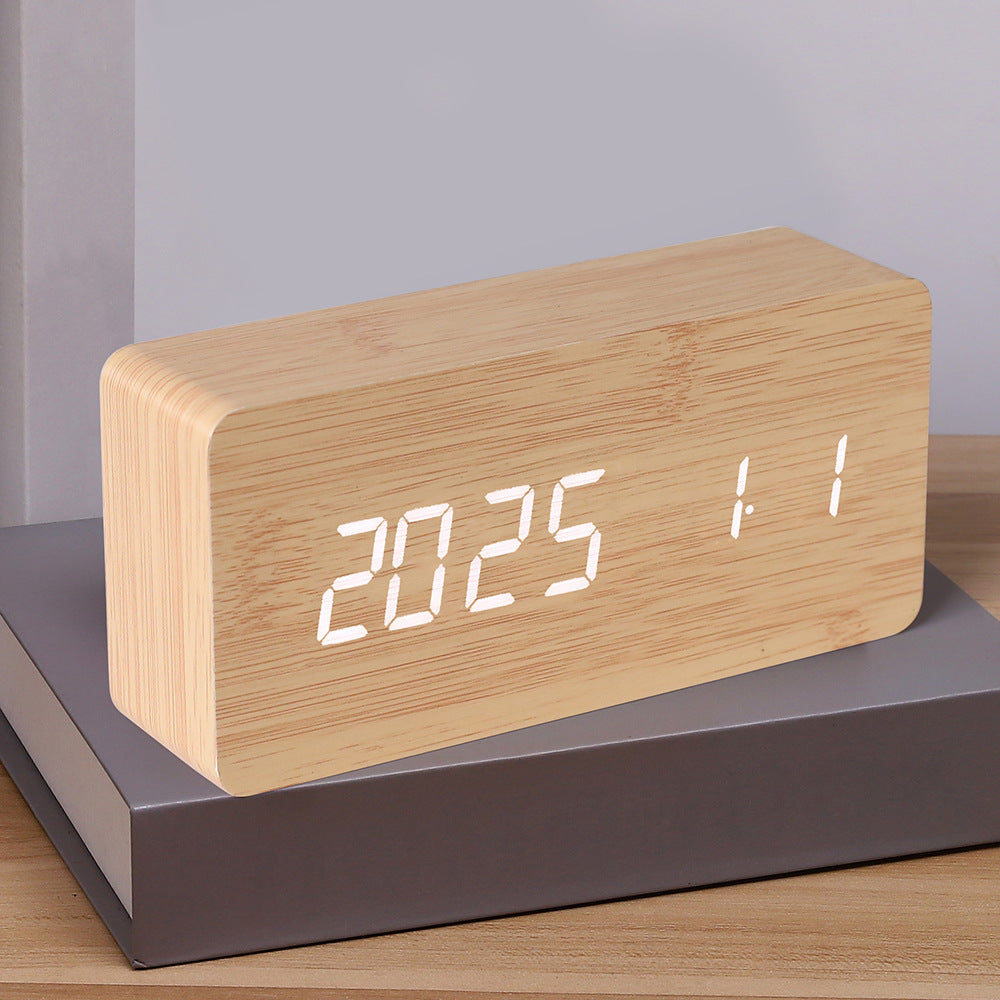 eprolo PVC wooden multi-function digital alarm clock with LED display, thermometer, night light, and bedside electronic features