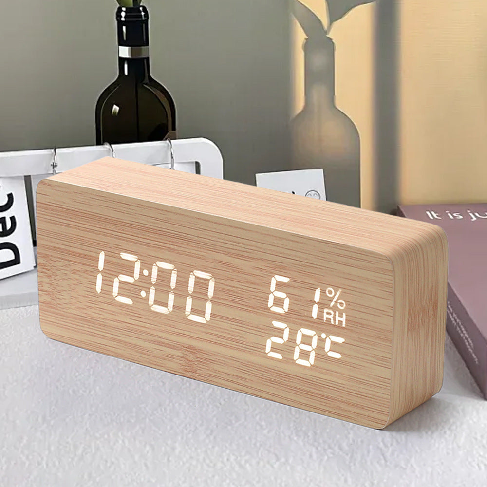 eprolo PVC wooden digital clock with LED display, alarm, thermometer, night light, and multi-function features for bedside use