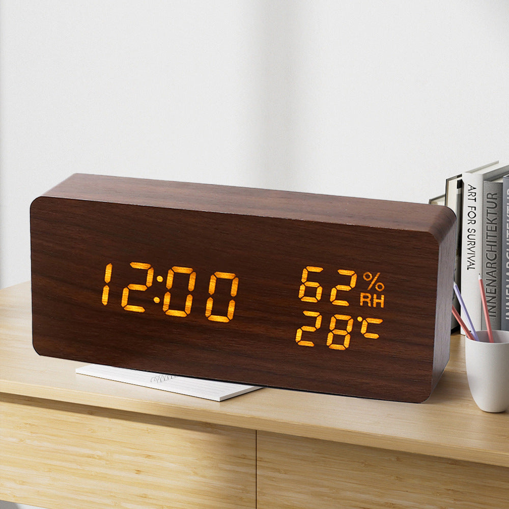 Eprolo PVC wooden multi-function alarm clock with LED display, digital thermometer, night light, and bedside electronic features.