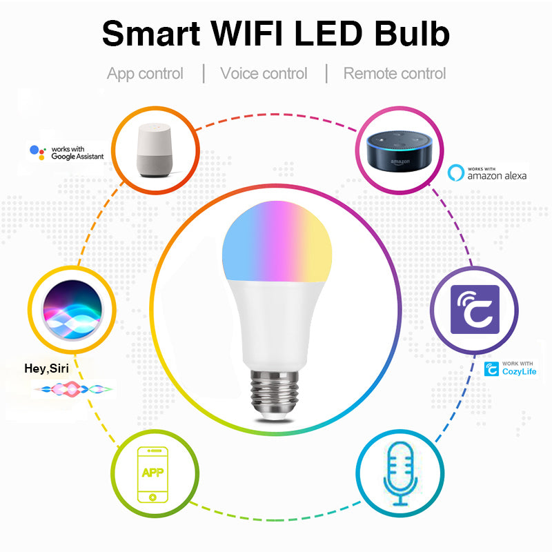 Eprolo WiFi smart bulb with Alexa voice control, RGB color changing, dimmable A19 LED bulb for smart home lighting.