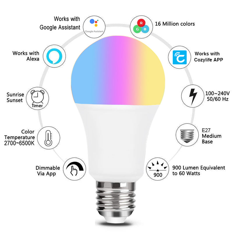 Eprolo WiFi Smart Bulb with Alexa voice control, RGB color changing, dimmable A19 LED bulb for smart home lighting.