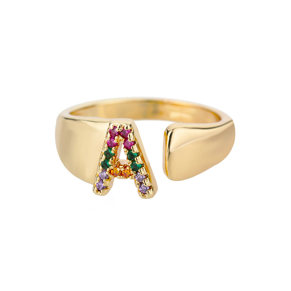 Eprolo 18K gold plated micro pave colorful zircon letter ring with open design, featuring one of 26 alphabet letters.