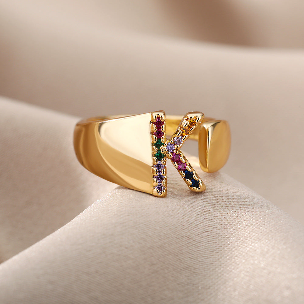 Eprolo 18K gold plated micro pave colorful zircon letter ring featuring open design with 26 letter options on a sleek band