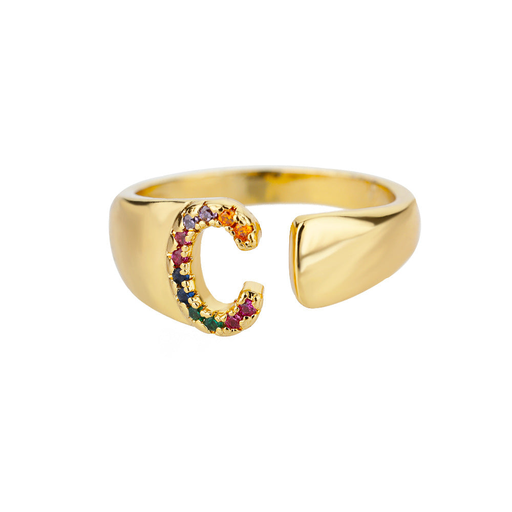 18K gold plated micro pave colorful zircon letter ring featuring open design with 26 alphabet options by eprolo.
