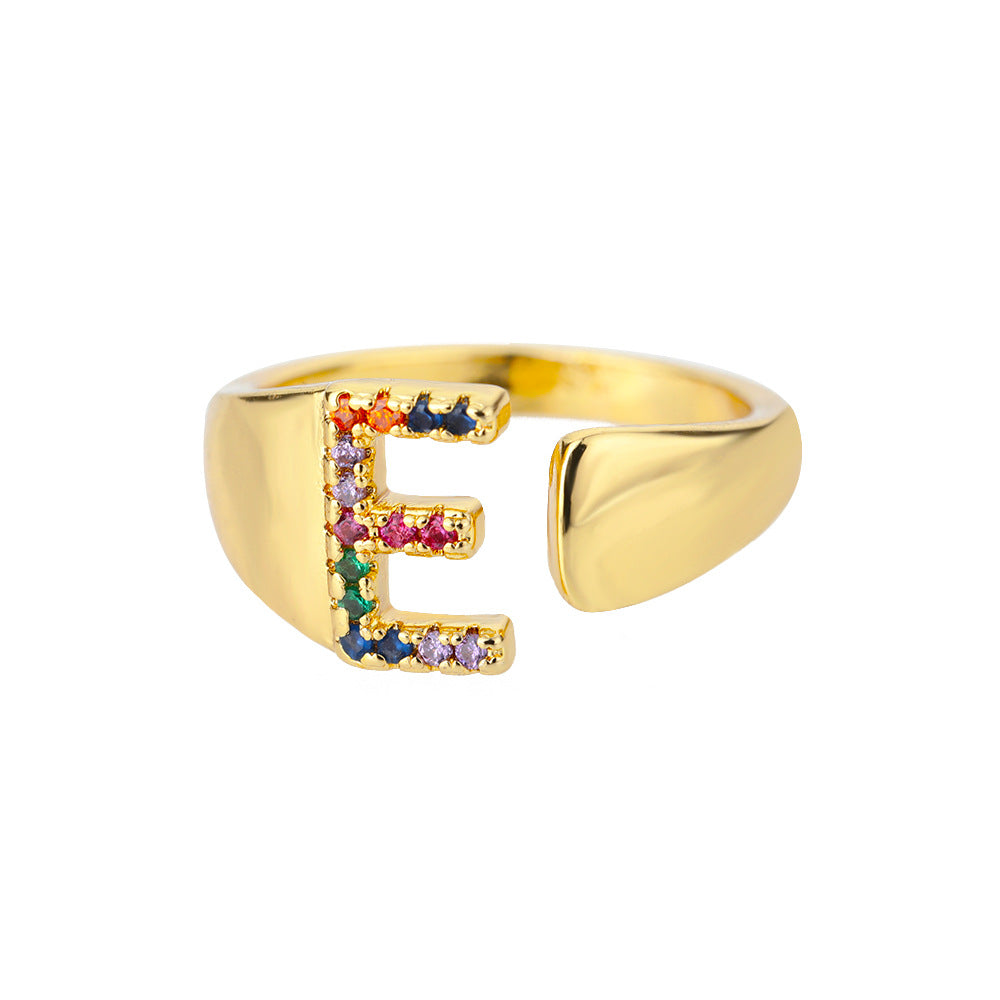 Eprolo 18K gold plated micro pave colorful zircon letter ring with open design, featuring a single letter on a dainty band