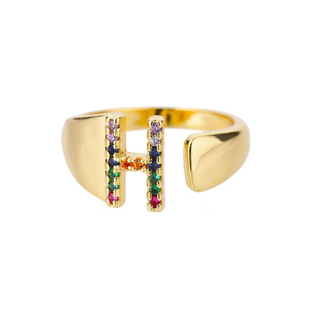Eprolo 18K gold plated micro pave colorful zircon letter ring with open design, featuring a single letter in vibrant stones.