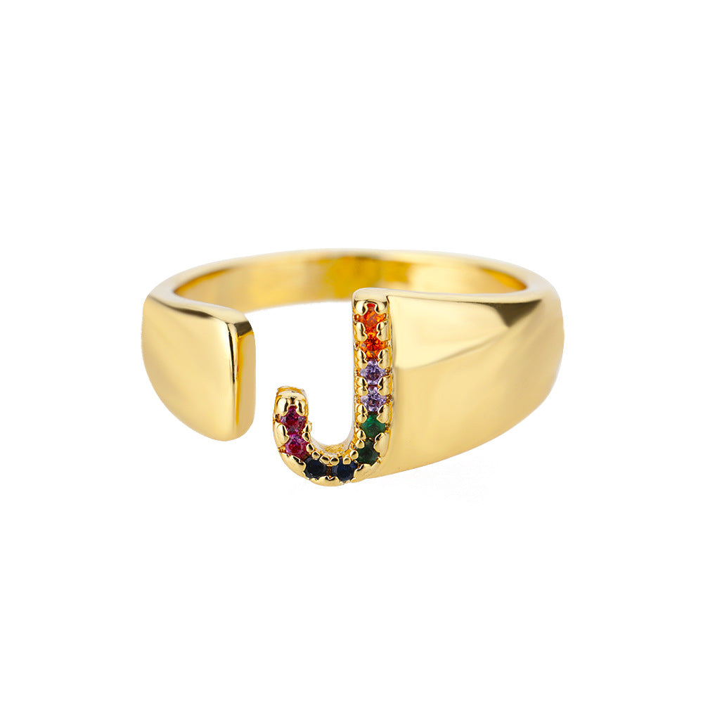 18K gold plated micro pave colorful zircon letter ring with open design, featuring a single alphabet letter.