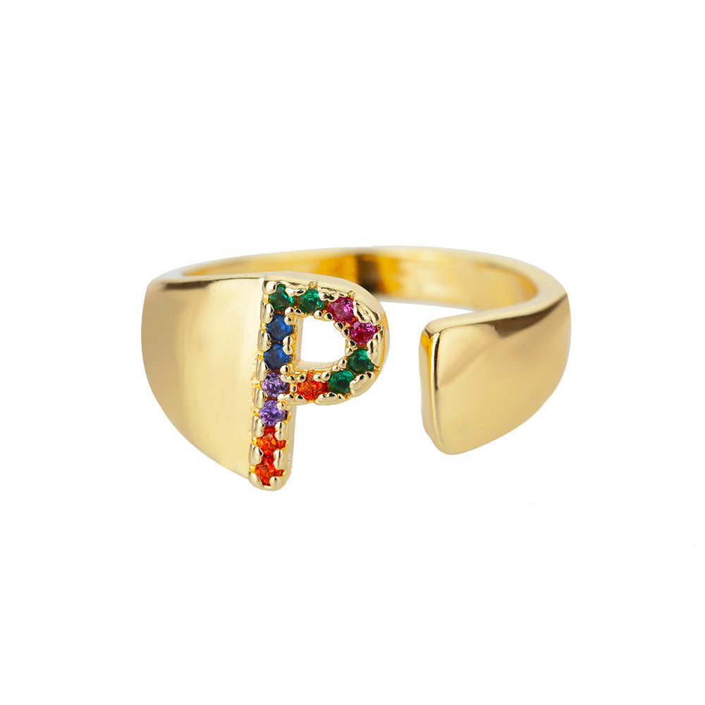 18K gold plated micro pave colorful zircon letter ring with open design showcasing a letter from eprolo.