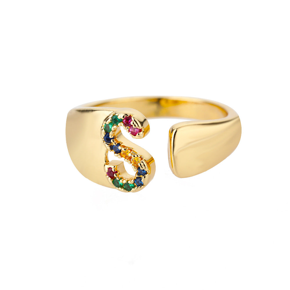 18K gold plated micro pave zircon letter ring with open design, featuring colorful cubic zirconia and 26 letter options.
