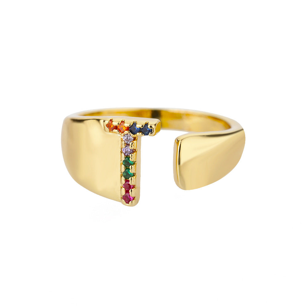 18K gold plated micro pave zircon letter ring featuring an open design with 26 colorful letter options by eprolo.