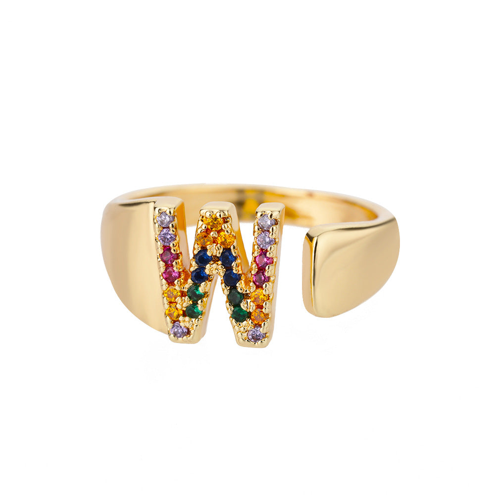 18K gold plated micro pave colorful zircon letter ring with open design, showcasing alphabet letters in vibrant stones.