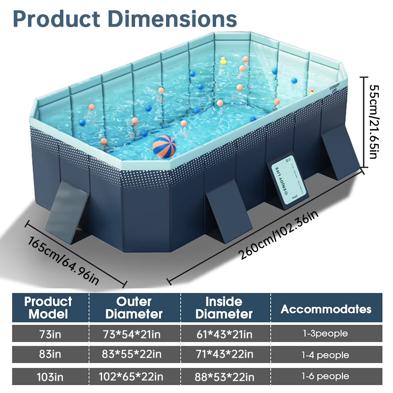 Large foldable rectangular eprolo family swimming pool, non-inflatable above ground outdoor pool for adults and kids, easy to set up.