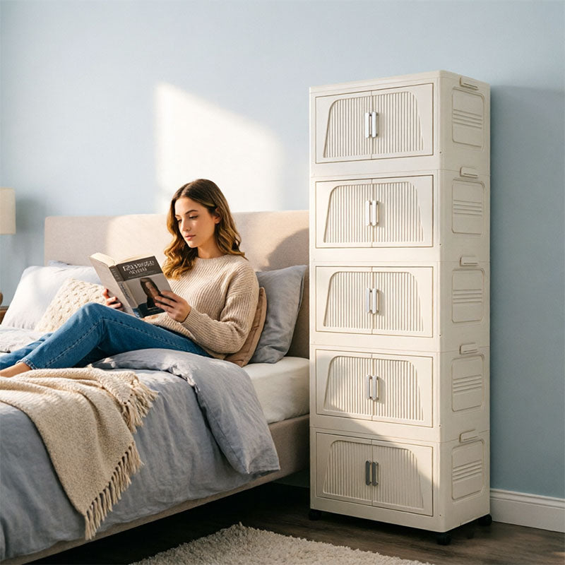 eprolo folding storage cabinet with wheels, 3-tier stackable wardrobe closet organizer in neutral color