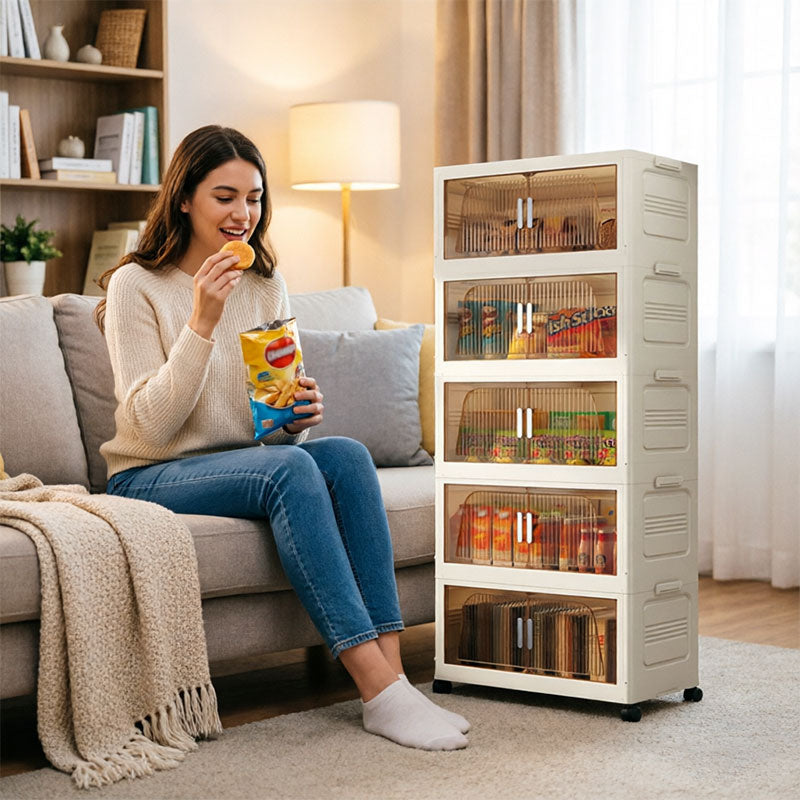 eprolo folding storage cabinet with wheels, 3/4 tier stackable wardrobe closet organizer in neutral finish