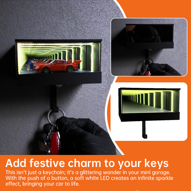 3D printed wall-mounted car key holder with garage hook and storage rack, designed for organizing car keys and garage accessories.