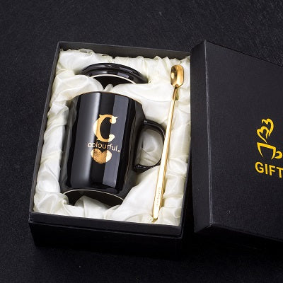 Eprolo 400ml black ceramic coffee mug with gold finger printing, gold handle, lid, and spoon for tea or coffee.
