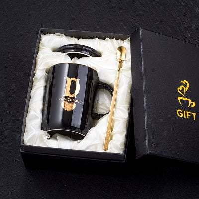 Black ceramic coffee mug with gold handle, lid, and spoon, 400ml creative gold fingerprint design by eprolo