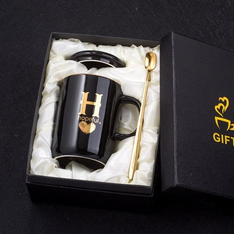 Black ceramic coffee mug with gold handle, lid, and spoon, 400ml creative gold finger printing design by eprolo