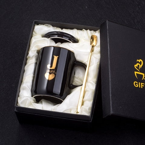 Black ceramic coffee mug with gold handle, lid, and spoon, 400ml creative gold finger printing design by eprolo.