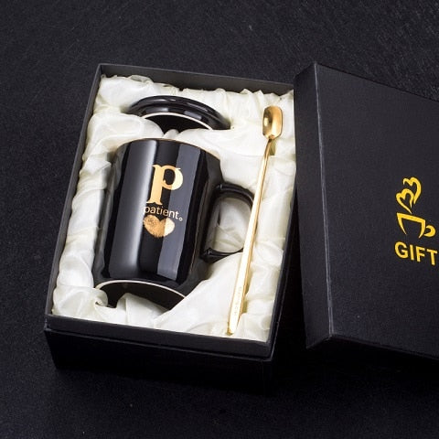Eprolo 400ml black ceramic coffee mug with gold handle, lid, and spoon, featuring gold finger printing design, perfect for gifting