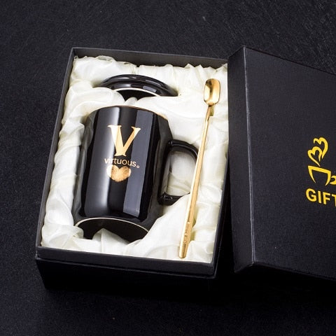 Eprolo 400ml black ceramic coffee mug with gold finger print design, gold handle, lid, and spoon for tea or coffee.