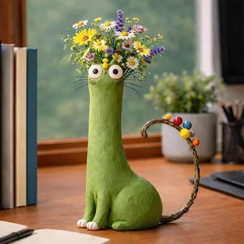 Creative Cat Vase - Desktop Dried Flower Holder, Decorative Home/Office Accent, Universal for Small Dried Bouquets - American Smart