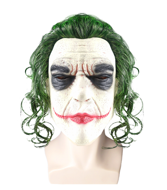 Eprolo Joker mask from The Dark Knight featuring a scary clown face, green wig, latex material, perfect for Halloween cosplay and parties.