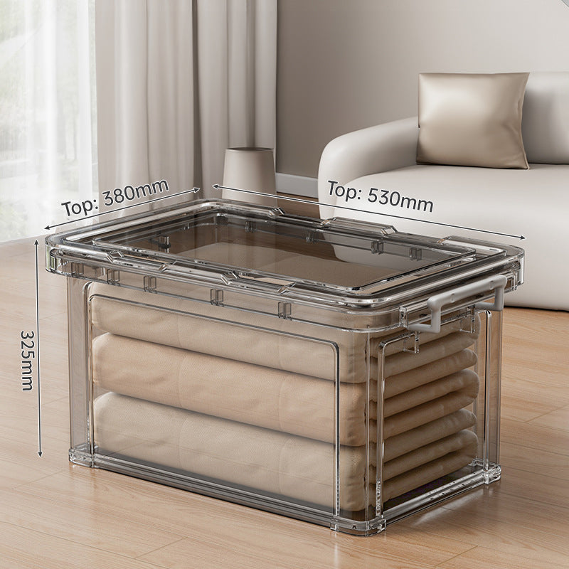 Large transparent plastic storage box by eprolo for organizing clothes, quilts, toys, and snacks in wardrobe or home.