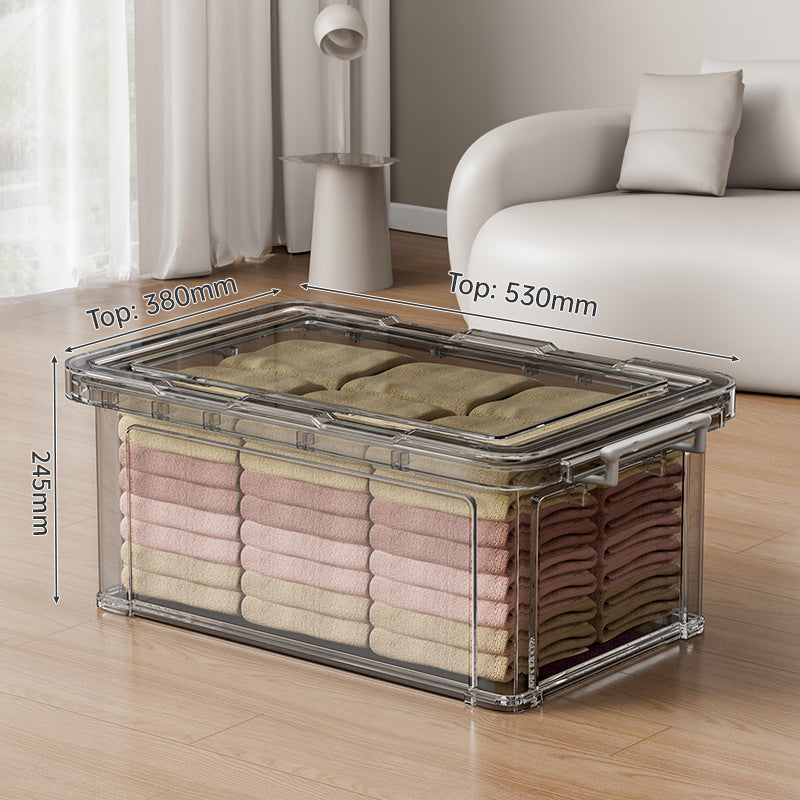 Large transparent plastic storage box by eprolo, showing organized clothes, quilts, toys, and snacks for home and wardrobe use.
