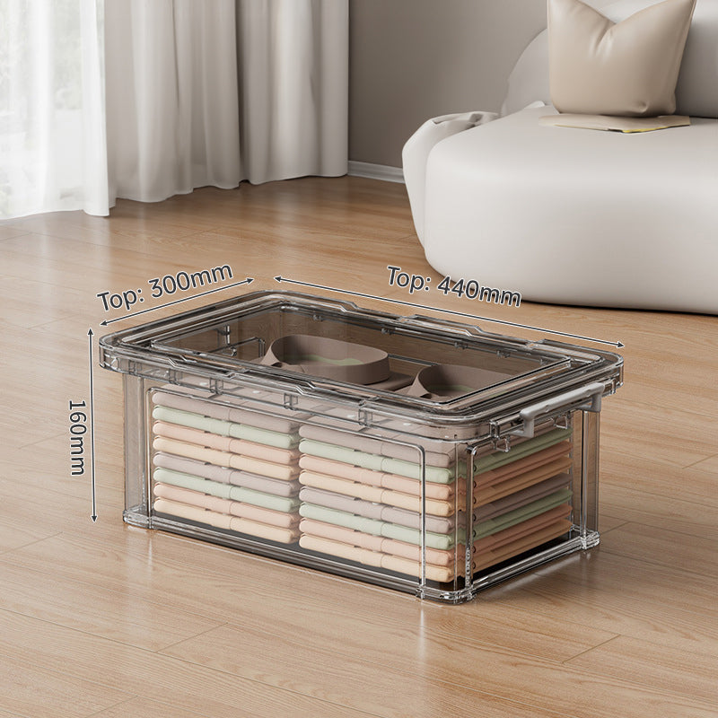 Large transparent plastic storage box by eprolo for organizing clothes, quilts, toys, and snacks in wardrobe and home.