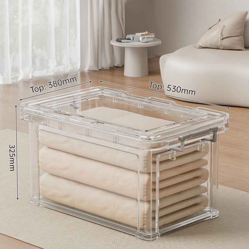 Large transparent plastic storage box by eprolo for organizing clothes, quilts, toys, and snacks in wardrobe or home.