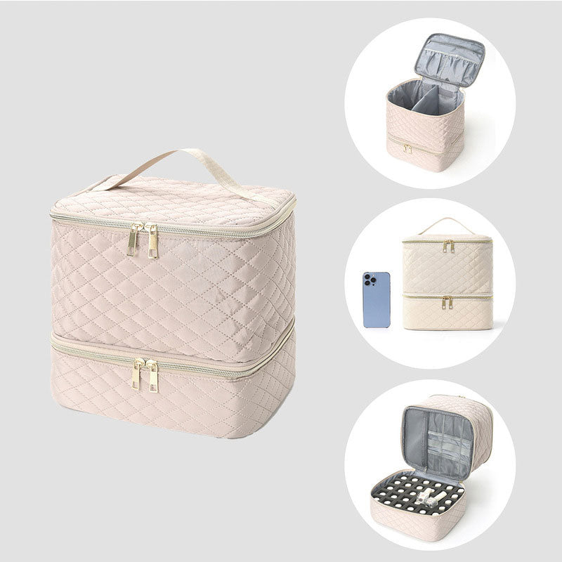 eprolo portable nail organizer case with 30 compartments, containing manicure tools, polish, oil bags, and cosmetic storage.
