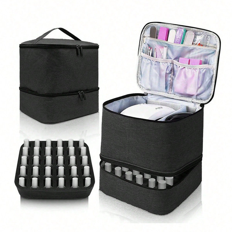 eprolo portable nail organizer case with 30 compartments, polish and oil bags, manicure tools, and cosmetic storage.