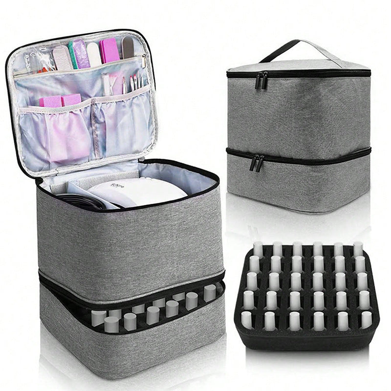 Eprolo portable nail organizer case with 30 compartments, polish and oil bags, and manicure tools for cosmetic storage.