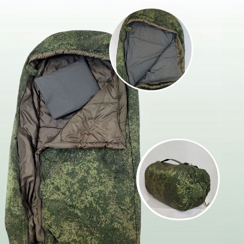 Russian military-issued 2021 outdoor cold-proof sleeping bag by eprolo, insulated and designed for winter camping and outdoor use