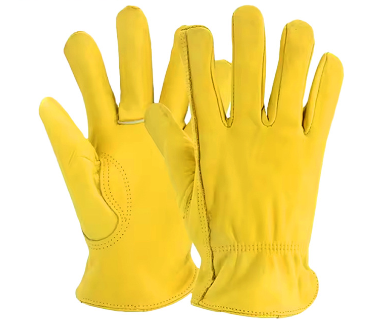 Yellow leather work gloves by eprolo for motorcycle riding and electric vehicle handling, made of cowhide for protection and durability.