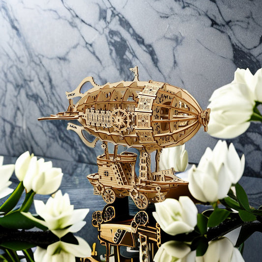 Eprolo 3D wooden airship puzzle model, DIY tabletop decoration and children's toy, showing assembled three-dimensional airship craft.
