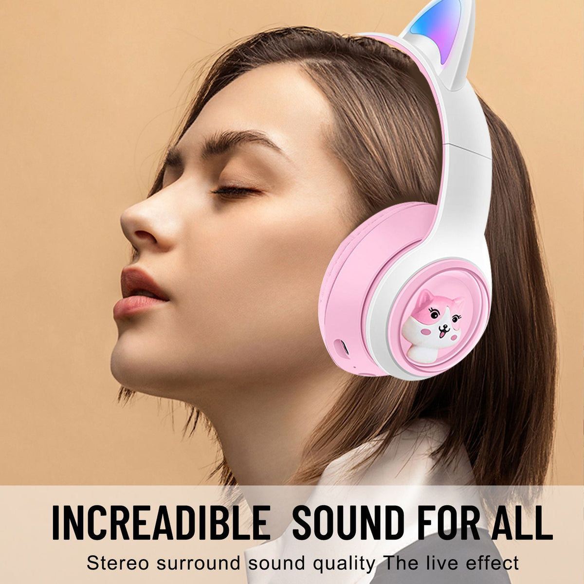 eprolo AKZ-07 Luminous Cat's Ears Bluetooth headset with cat-ear shaped design, wireless gaming headphones with subwoofer.