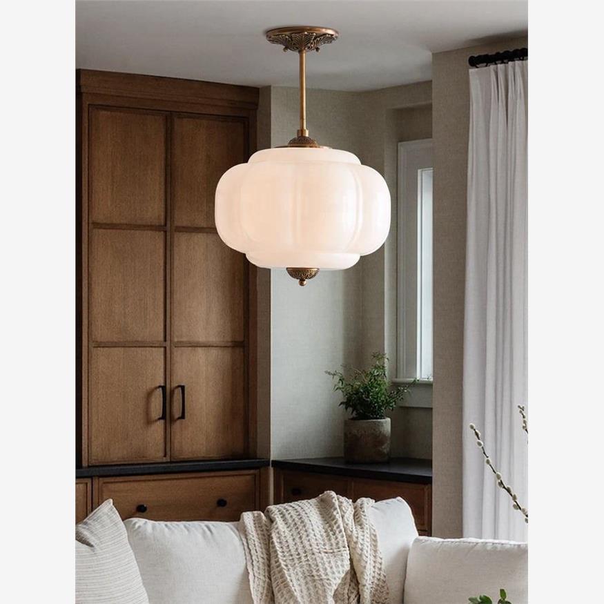 D38*H40CM Pendant Lamp with Pumpkin Glass Design for Bedroom, Living Room, Hallway, and Entryway - American Smart