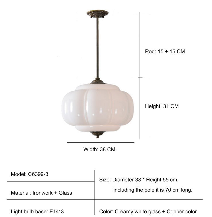 D38*H40CM Pendant Lamp with Pumpkin Glass Design for Bedroom, Living Room, Hallway, and Entryway - American Smart