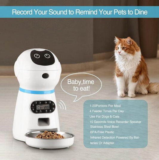 Eprolo 3.5L automatic robot pet feeder with stainless steel food tray and digital control panel for easy pet feeding.