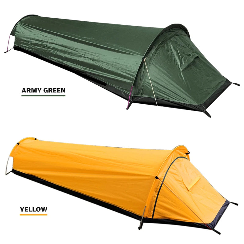 Ultralight eprolo camping single person tent set with waterproof cover, compact outdoor sleeping bag and hiking gear.