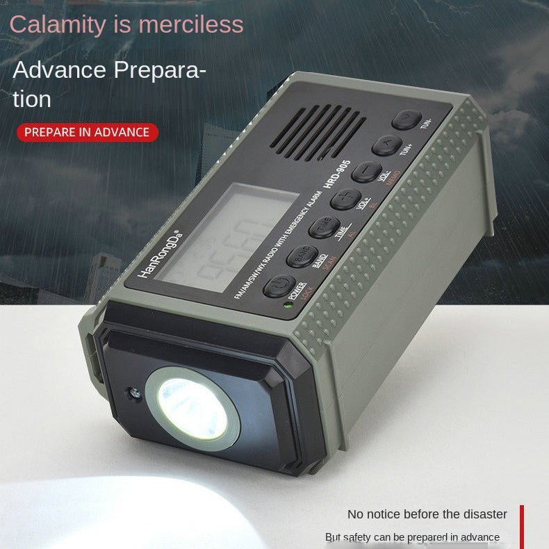 Portable Eprolo full band emergency radio with solar charging, LED lighting, and mobile phone charging capability.