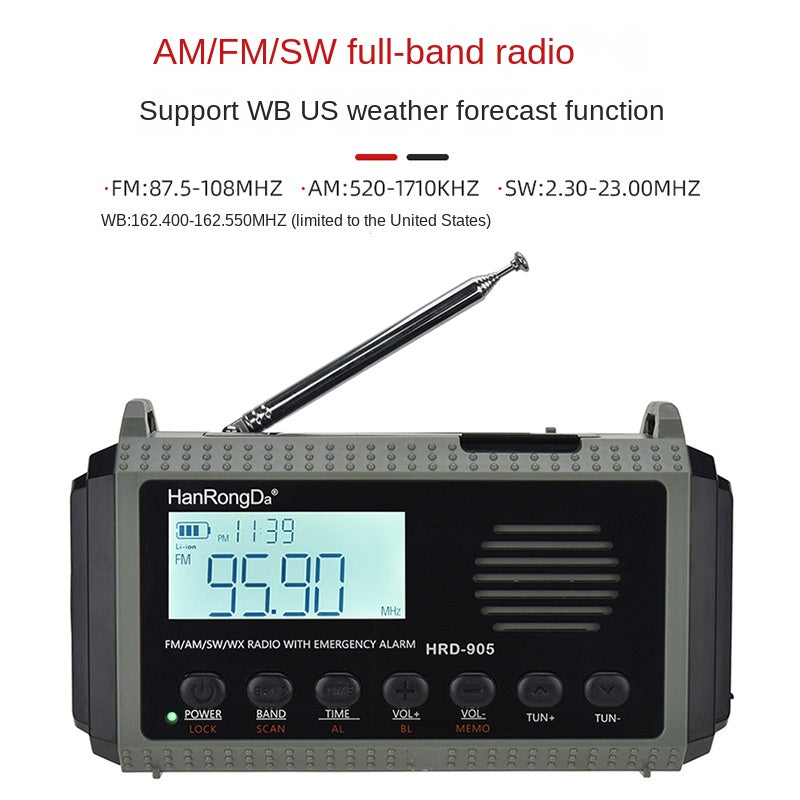 Portable Eprolo emergency radio with solar charging, full band reception, LED lighting, and mobile compatibility for disaster preparedness