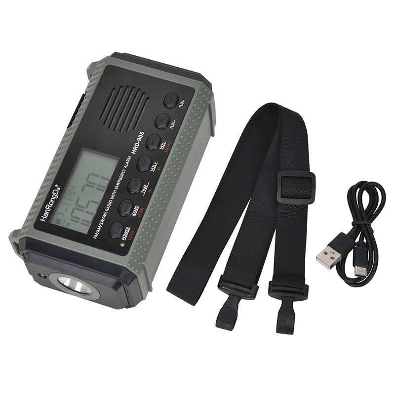 Portable Eprolo full band emergency radio with solar charging, built-in lighting, and mobile device compatibility for disaster preparedness.