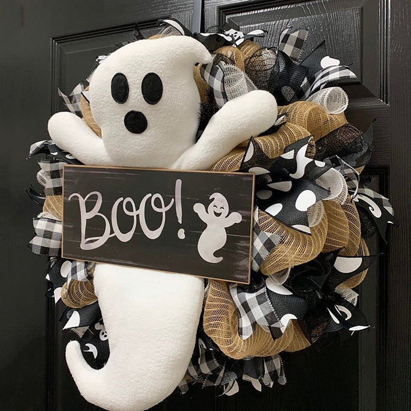 Cute Halloween ghost wreath from eprolo with a Boo ghost design, perfect for door and window Halloween decorations.