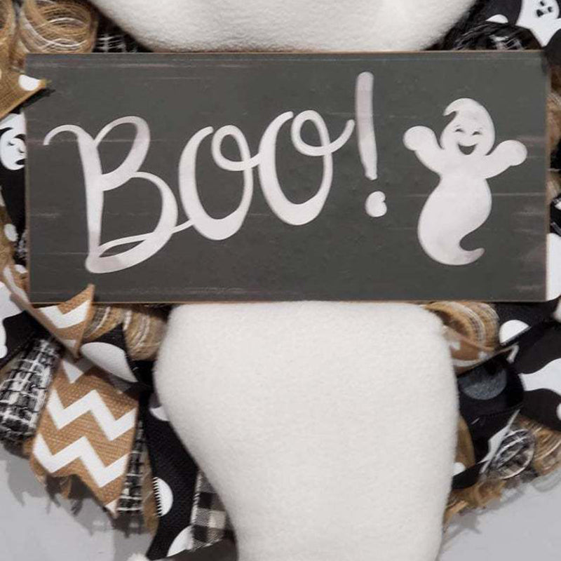 Cute Halloween ghost wreath by eprolo hanging on a door, featuring a white ghost figure with "Boo" decoration for spooky seasonal decor.